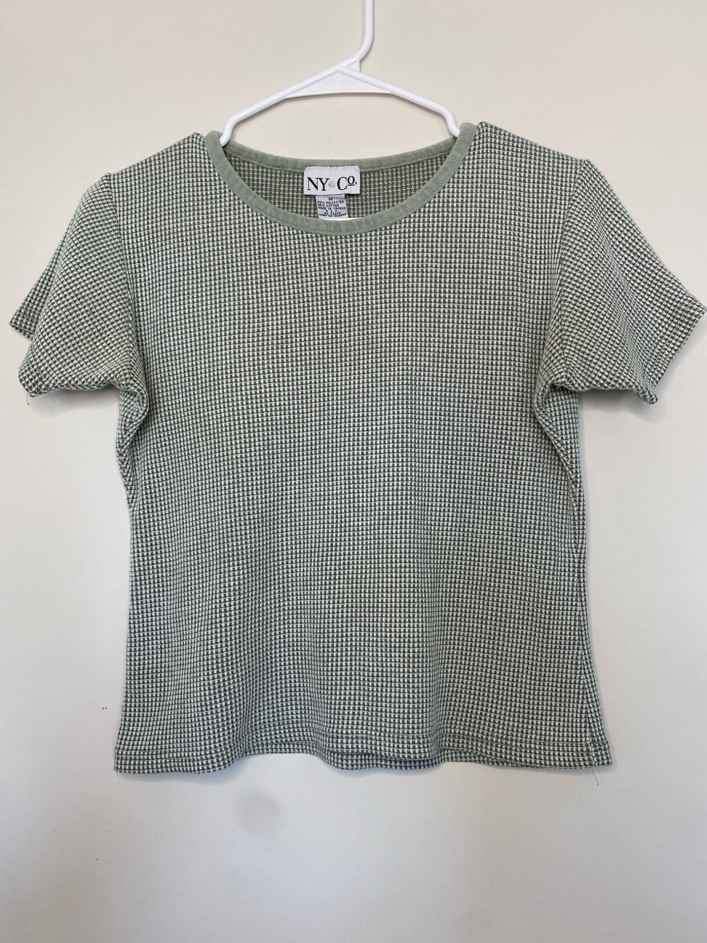 New York & Company Sage Green Houndstooth Short Sleeve Top